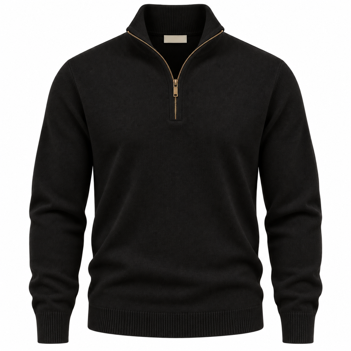 Black Fine-Knit Quarter-Zip Sweater with Caramel Hardware | Kurque Foursel